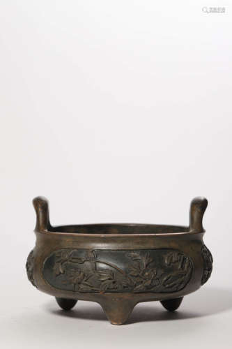 Bronze Flower And Bird Tripod Censer