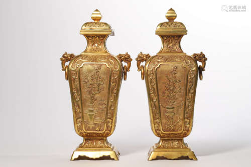 Pair Of Gilt Bronze Dragon-Head Square Vase