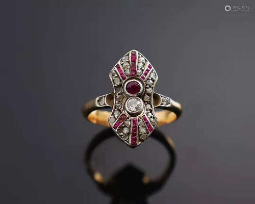 ARTDECO PERIOD GOLD AND SILVER STACKED DIAMOND AND RUBY RING