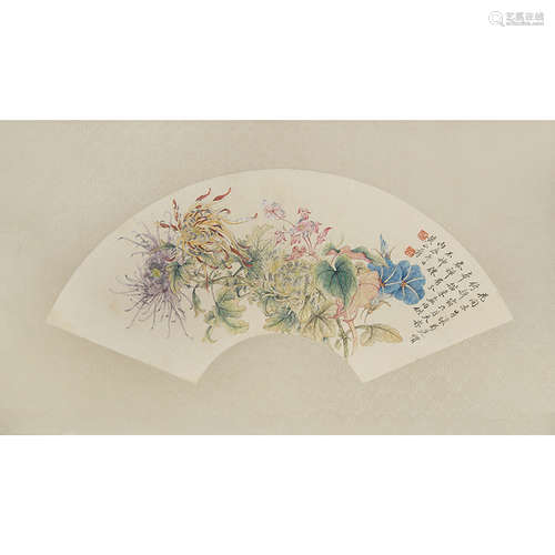 Chinese Flower Fan Painting, Huang Shanshou Mark