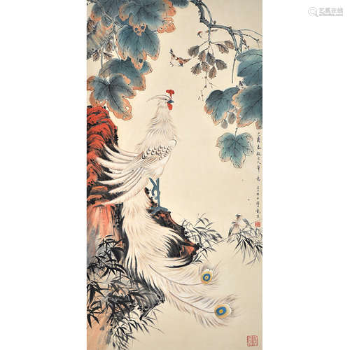 Chinese Phoenix Painting Paper Scroll, Yan Bolong Mark