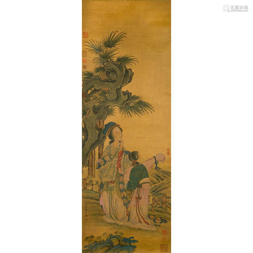 Chinese Lady Painting Silk Scroll, Qiu Ying Mark