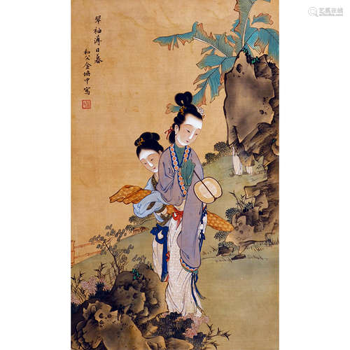 Chinese Lady And Plantain Painting Silk Scroll, Jin Xiezhong...