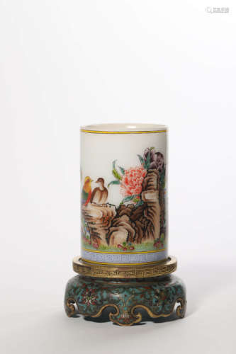 Painted Glass Flower And Bird Brush Pot