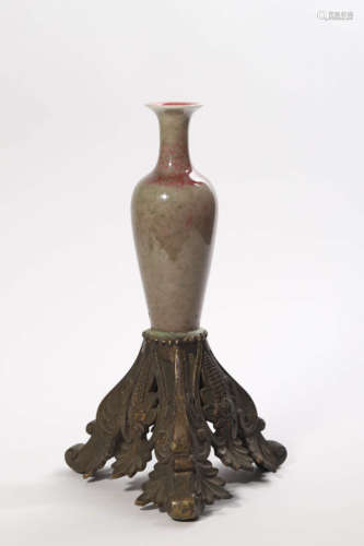 Peach Bloom Glaze Willow-Form Vase, With Bronze Stand