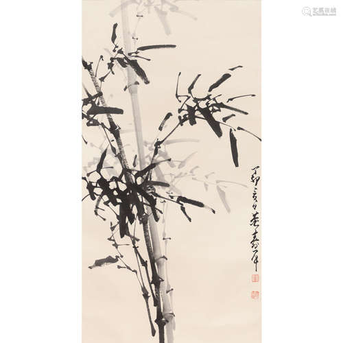 Chinese Bamboo Painting Paper Scroll, Dong Shouping Mark