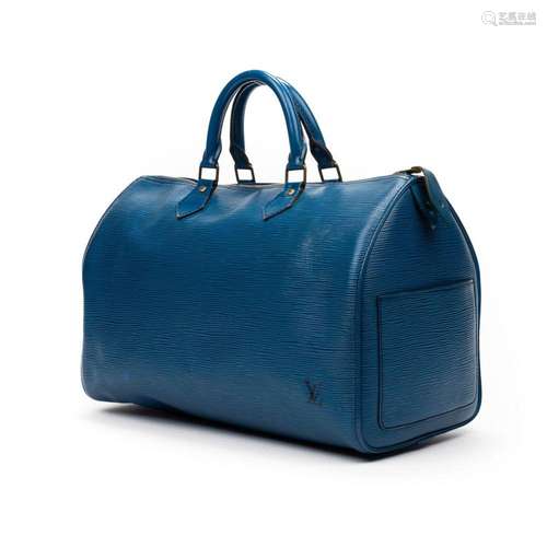 LOUIS VUITTON -Sac Speedy 35 en cuir épi bleu – Très bon éta...