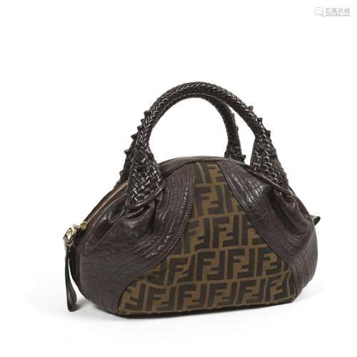 FENDI - Sac porté main en cuir marron et toile tissée monogr...