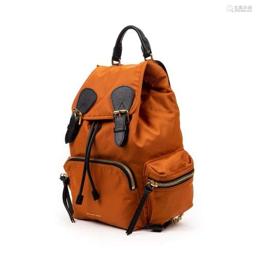 BURBURRY – Sac à dos - Nylon orange – Cuir grainé noir – Int...