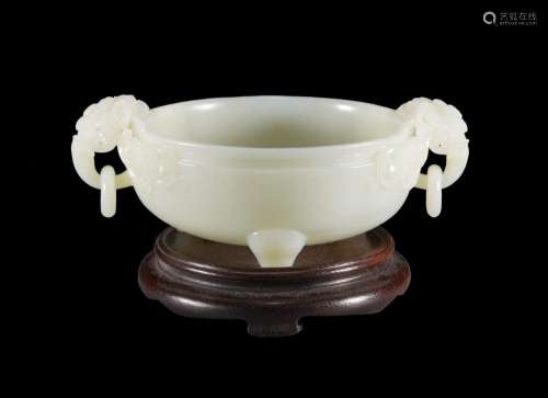 Chinese Qing Period white jade double-eared Tripod Censer