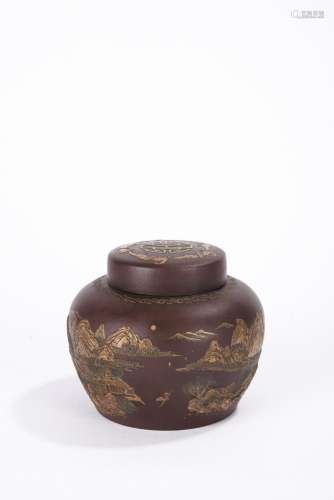 Chinese Yixing Zisha Landscape Lid Jar