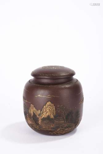 Chinese Yixing Zisha Landscape Lid Jar