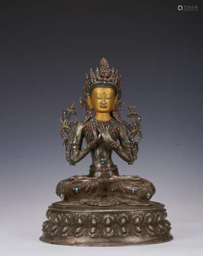 Tibetan Silver Inlaid Vajrapani Seated Statue