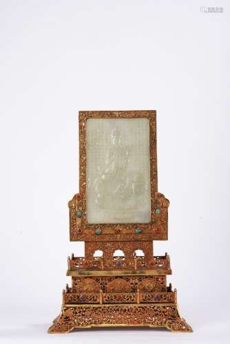Chinese Qing White Jade Table Screen Depicting Bodhisattva P...