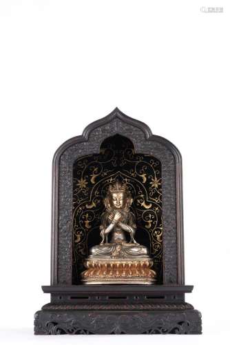 Tibetan Silver Vajrasattva Seated Statue Within Shrine