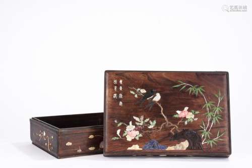 Chinese Qing Huanghuali Inlaid 'Bird and Flowers' Bo...