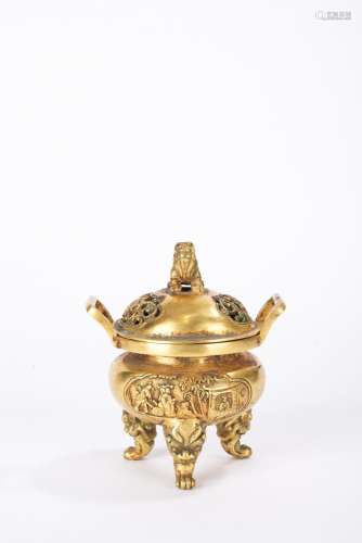 Chinese Qing Period Gilt bronze Tripod Censer