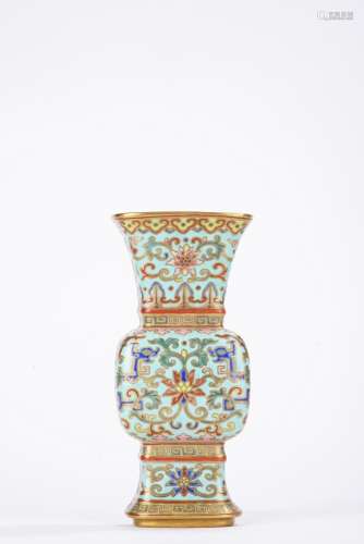 Chinese Qing turquoise ground famille rose Gu wall vase