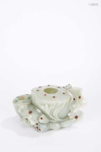 Chinese Qing Period White Jade Inlaid Lotus Pod Washer