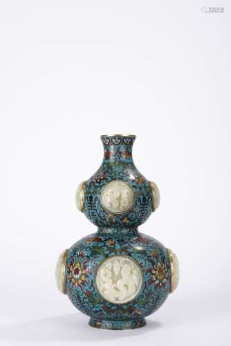 Chinese Cloisonne Enamel Double Gourd Jade Inlaid Vase