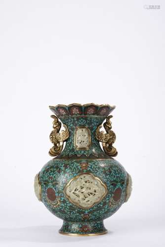 Chinese Cloisonne Enamel Phoenix Handle Jade Inlaid Vase