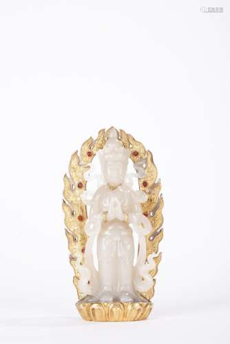 Chinese Gilt Jade Statue of Kwan Yin