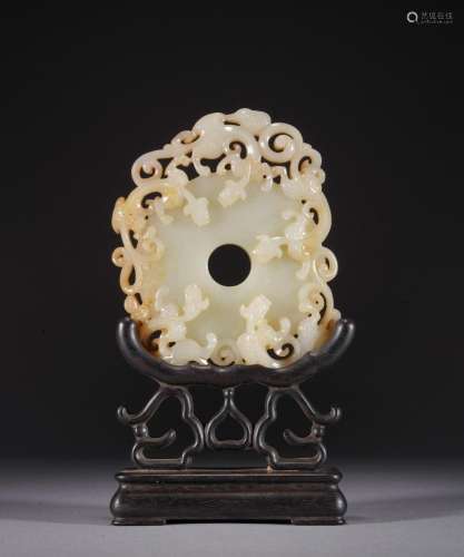 Chinese Qing Period white jade dragon Disc