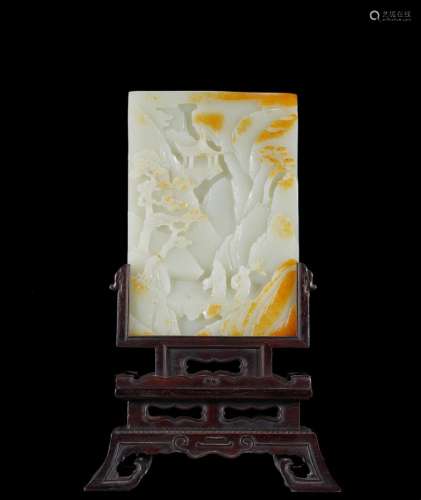 Chinese Qing Period White Jade Mountain Scene Table Screen