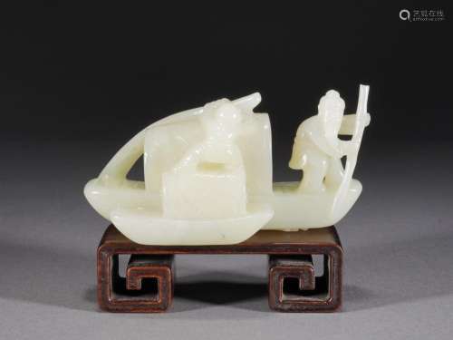 Chinese Qing Period White Jade Figural Boat