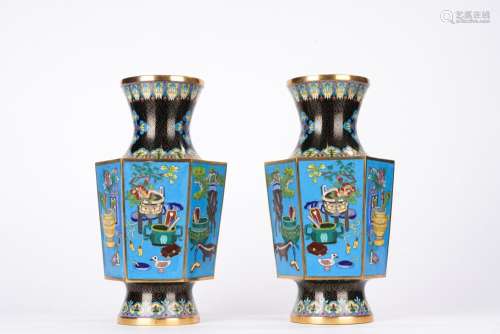 Chinese 20th C. Enamel Bogu Hexagonal Vases