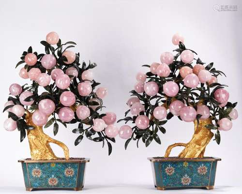 Pair of Pink crystal longevity Peach Cloisonne Enamel Plante...