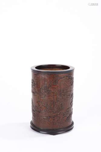 Chinese Qing Period Bamboo Carved Landscape Brushpot