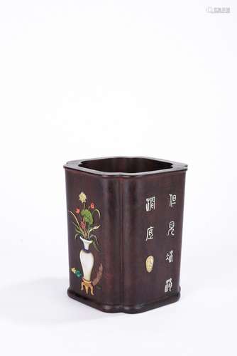 Chinese Zitan Gems Inlaid Inscribed Brushpot