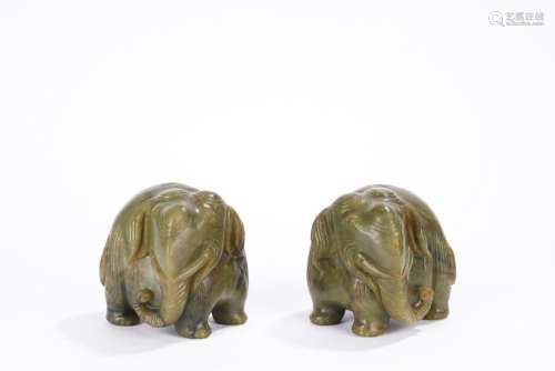 Pair of Chinese Green jade Elephant Carvings
