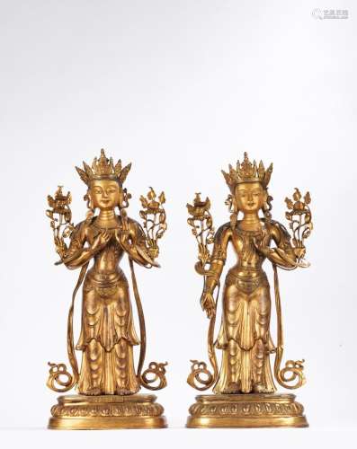 A Pair Gilt Bronze Standing Statues of Bodhisattva