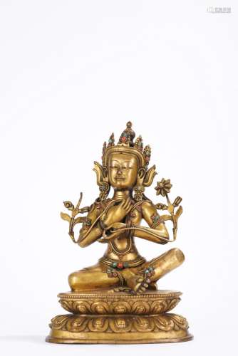 A Gilt Copper Inlaid Seated Avalokitesvara