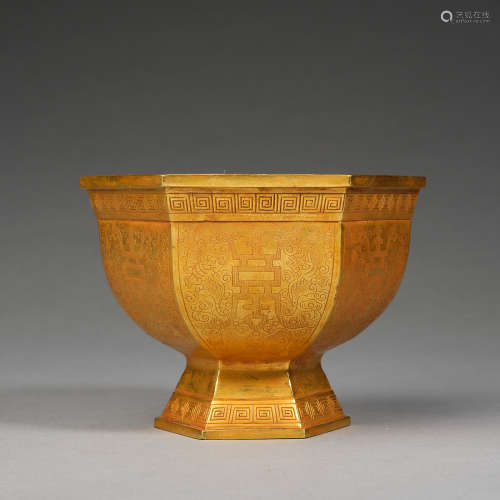 A gilt-copper alloy hexagonal cup,Tang dynasty