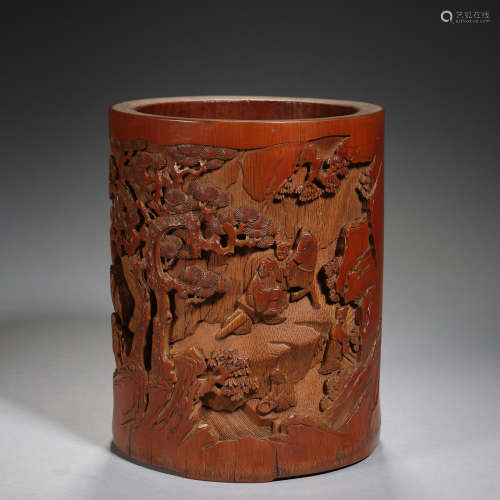 A finely carved 'figures' bamboo brushpot, Qing dynasty