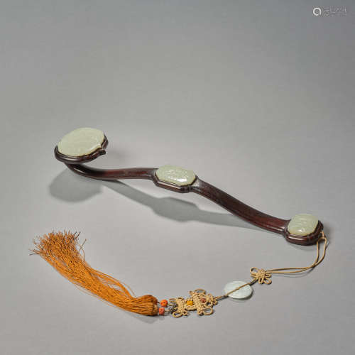 A White Jade Inlaid Hardwood Ruyi-sceptre,Qing dynasty