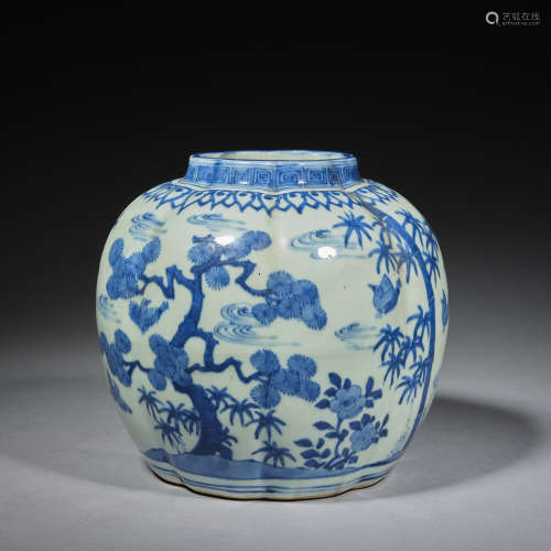 A blue and white pumpkin edge jar,Ming dynasty,Wanli period