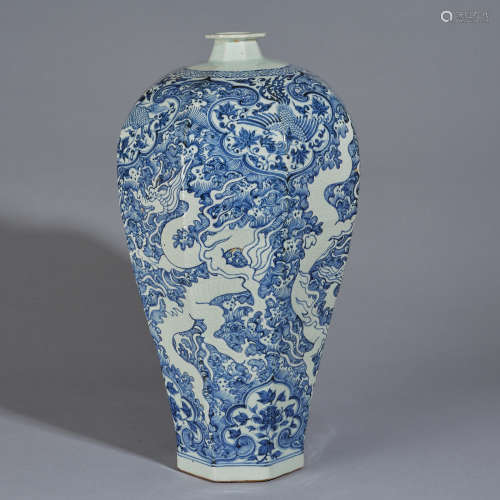 A large blue and white faceted prunus vase, Yuan dynasty