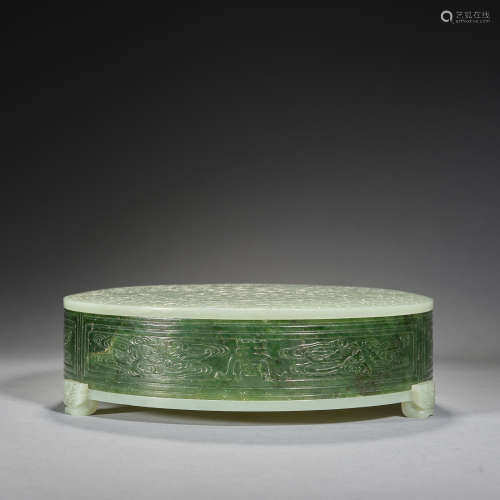 Hetian jade inlaid spinach green jade box carved with auspic...