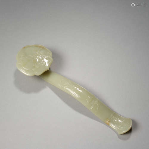 Celadon jade ruyi scepter carved with 'bat,peach and vase de...
