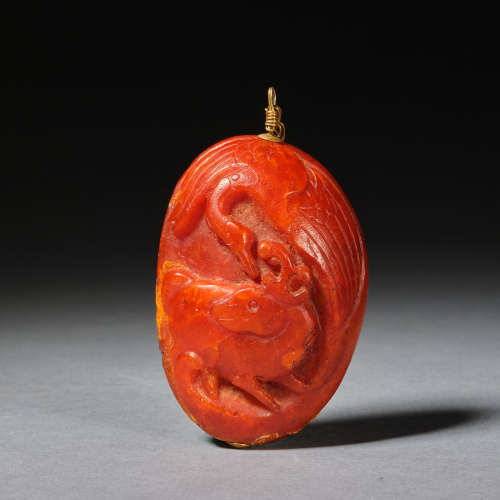 An amber 'red-crowned crane and deer' carving Qing dynasty