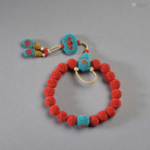Tiny coral beads wrapped sandalwood balls Bracelet,Qing dyna...