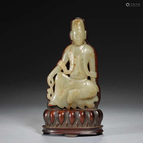 A celadon jade flat buddha ,wooden base,Liao dynasty