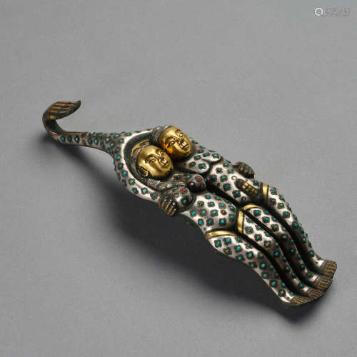 A gilt, silvered and turquoise-inlaid bronze belt hook, Warr...