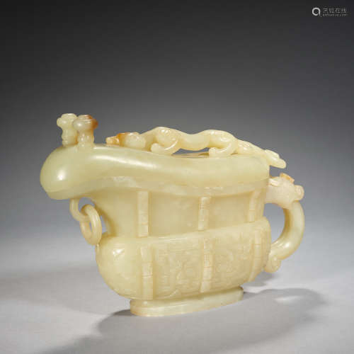 A pale celadon jade handled cup with cover, Qing dynasty