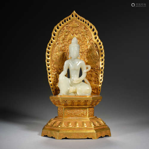 Hetian white jade buddha gilded base,Qing dynasty