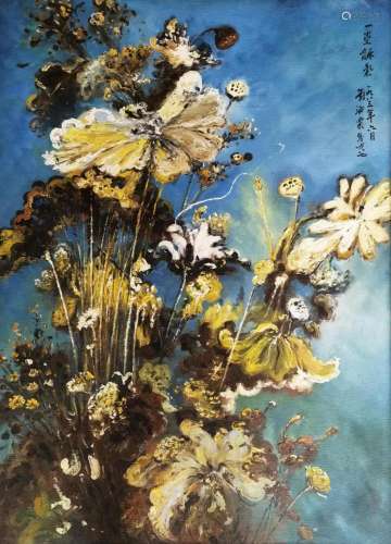 CHINESE OIL PAINTING OF LOTUS ON CANVAS SIGNED BY LIU HAISU